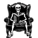 black and grey American traditional tattoo of skeleton sitting in a chair reading a book tattoo design idea