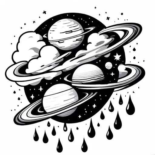 rain cloud with simple planets and stars with rain tattoo design idea