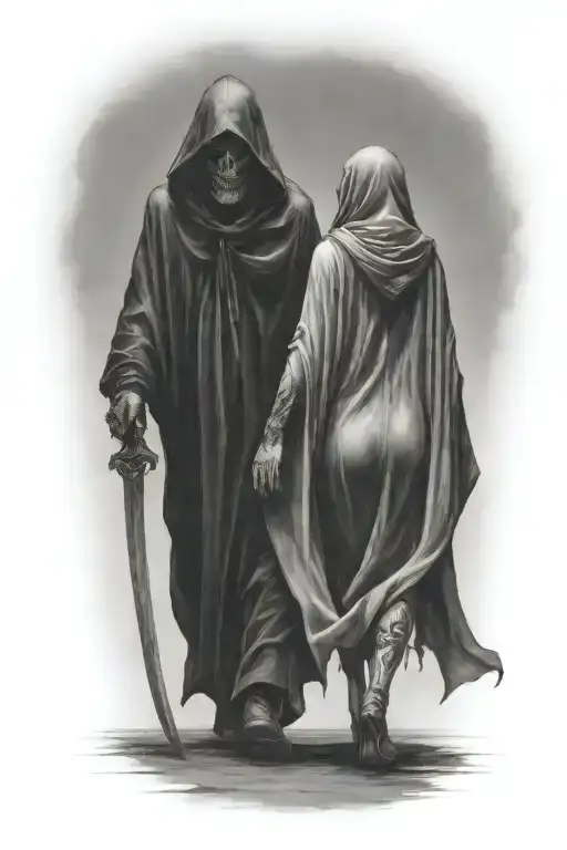 a woman and a huge hooded demon reaper walking away together tattoo design idea