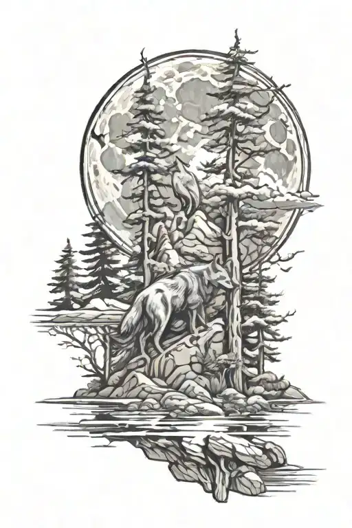 trees mountain moon wolf stream meandering tattoo design idea