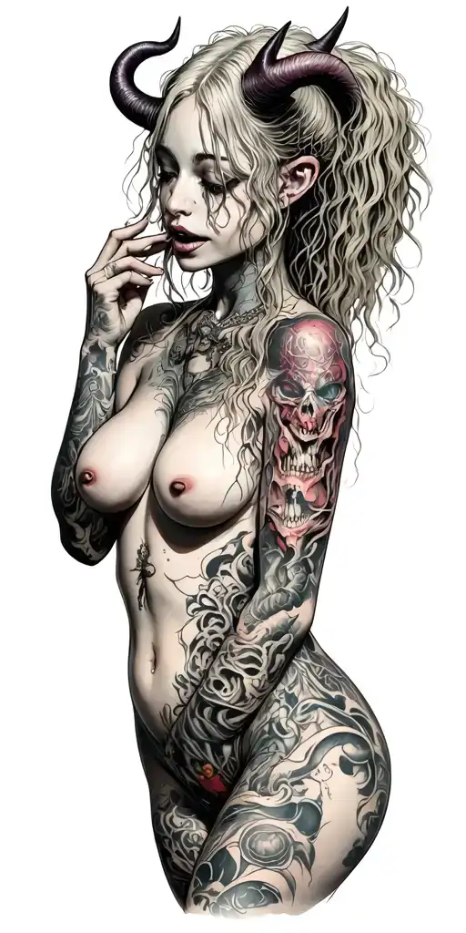Sexy Pale Girl, petite, big boobs, wide hips, naked. Messy hair, demonic horns, sexual. Seductive smile. Full Body tattoo design idea