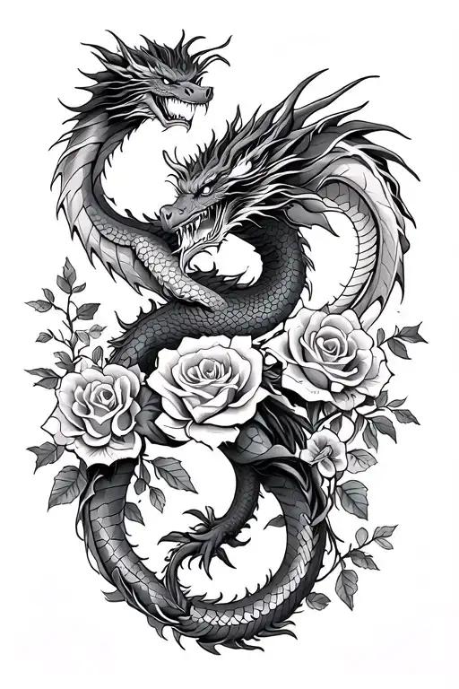 Black sleeve base, 2 eastern dragons wrapping around arm to hand, vines with roses wrapping around arm to hand, tattoo design idea