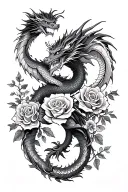 Black sleeve base, 2 eastern dragons wrapping around arm to hand, vines with roses wrapping around arm to hand, tattoo design idea