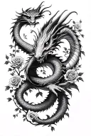 Black sleeve base, 2 eastern dragons wrapping around arm to hand, vines with roses wrapping around arm to hand, tattoo design idea