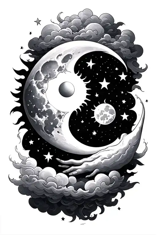 sun and moon merging together, surrounded with some clouds and four arm stars, with a slightly fairytale flair look tattoo design idea