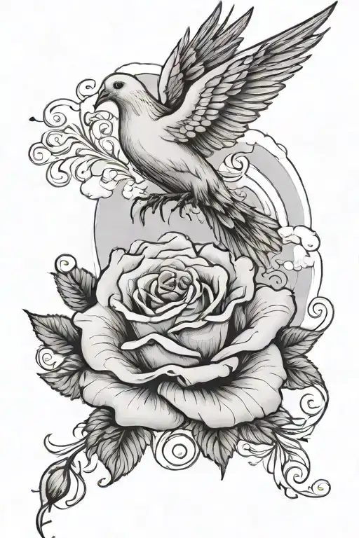 a dove in the clouds and below it in writing says fear god and below that is a rose  tattoo design idea