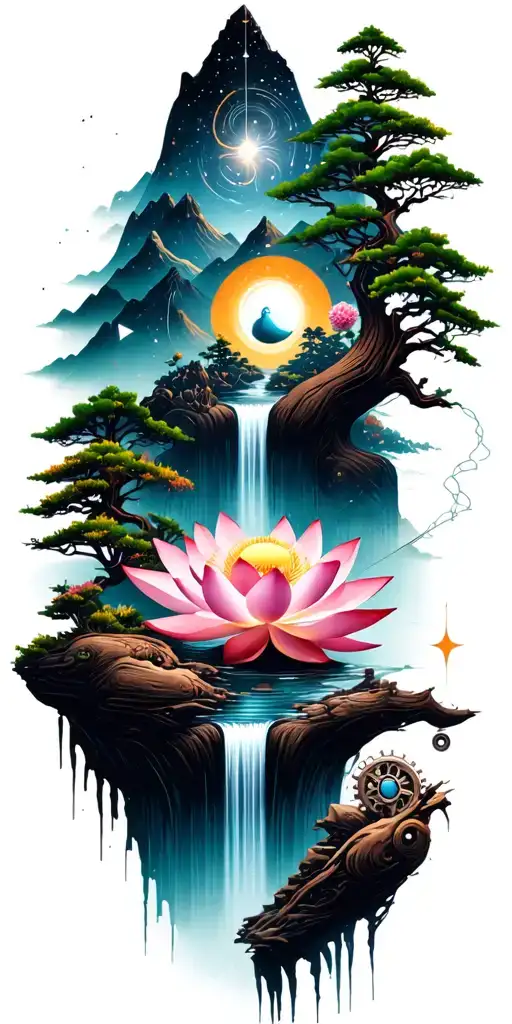 collage of space constellation, Buddhist mountain, trees, waterfall, lotus, wood mechanical gears tattoo design idea