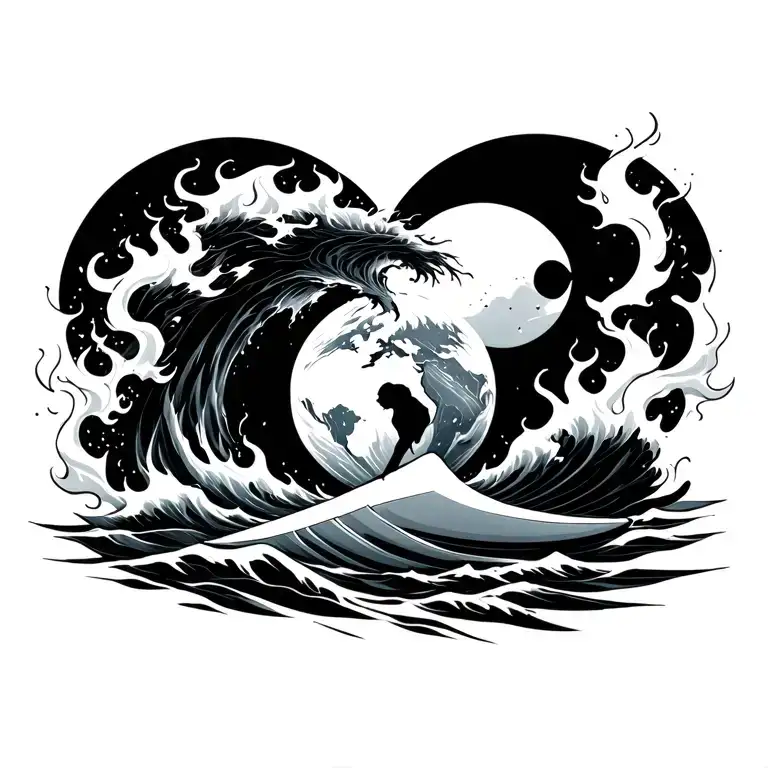 Earth Air Fire Water Surfing Yin tattoo design idea