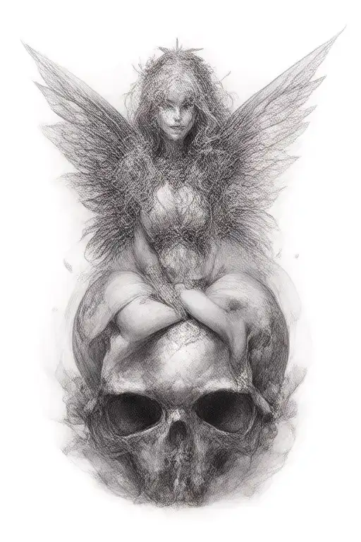 fairy sitting on a skull tattoo design idea