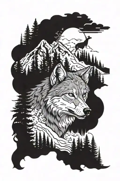 wolf with Forrest background with hunan and other animals  tattoo design idea