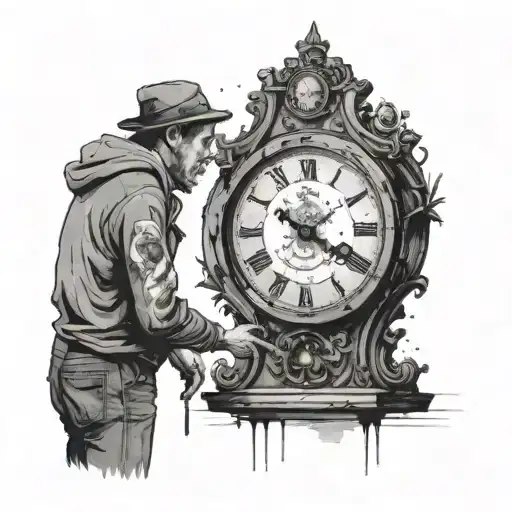 A man goes to a broken clock and the family members watch him tattoo design idea