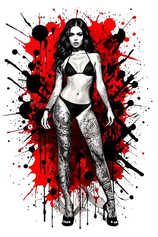 Sexy girl, petite, small boobs, wide hips, bikini . long hair,sexual. Seductive. Full Body, standing with legs and feet tattoo design idea