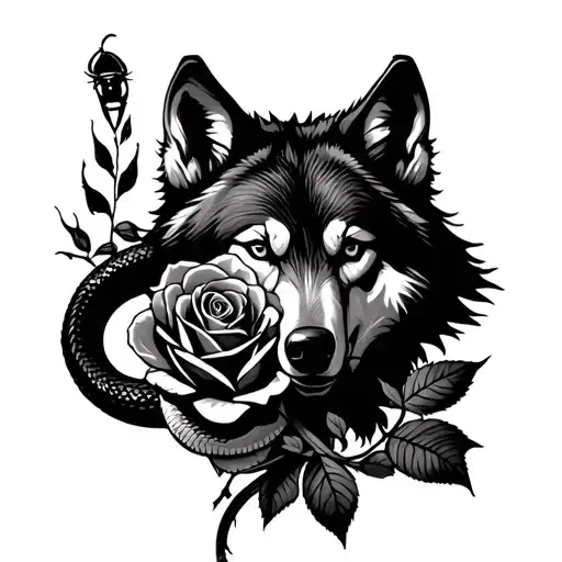 Create me a tattoo : the wolf should be the dsd head tattoo the rose should be there a scorpion and a snake the m tattoo design idea