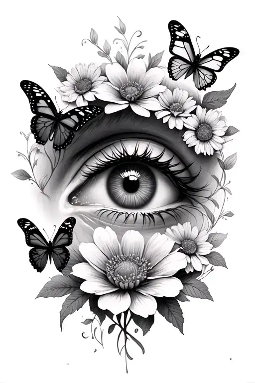eye inside surrounded by butterflies and flowers tattoo design idea