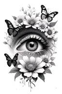 eye inside surrounded by butterflies and flowers tattoo design idea
