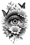 eye inside surrounded by butterflies and flowers tattoo design idea