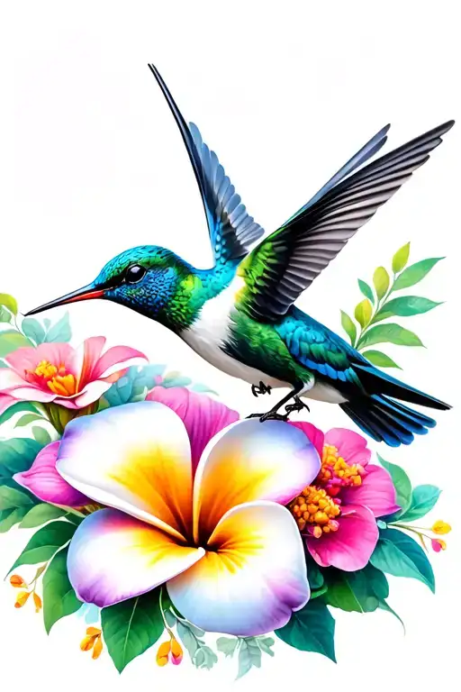 two Blue hummingbird with plumeria and zinnia flowers tattoo design idea