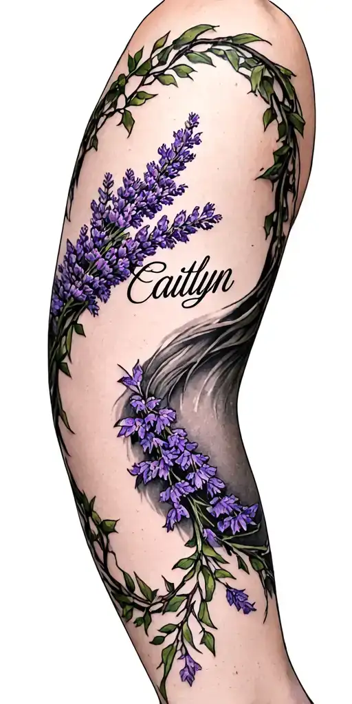 create a sleeve tattoo with the name lavender and vines circling the whole arm and another name Caitlyn with the vines c tattoo design idea