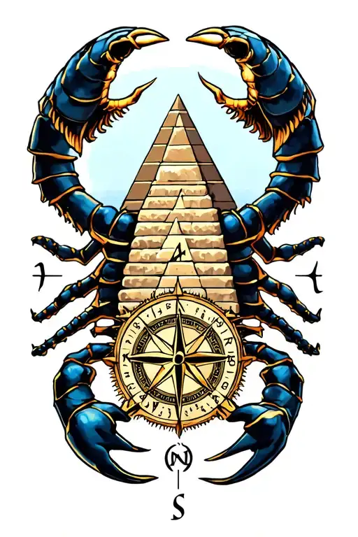 Scorpio with a compass at the foot of a pyramid and three 7 deadly sins tattoo design idea