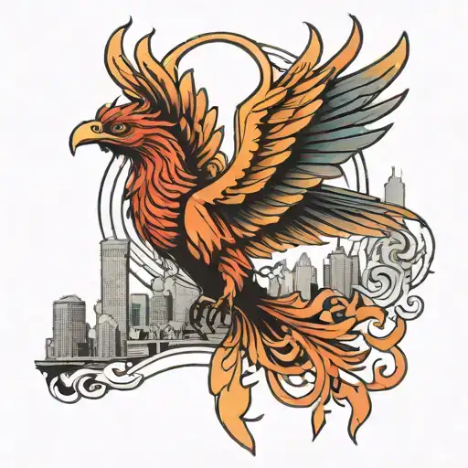 Phoenix Rising above philadelphia skyline tattoo design idea