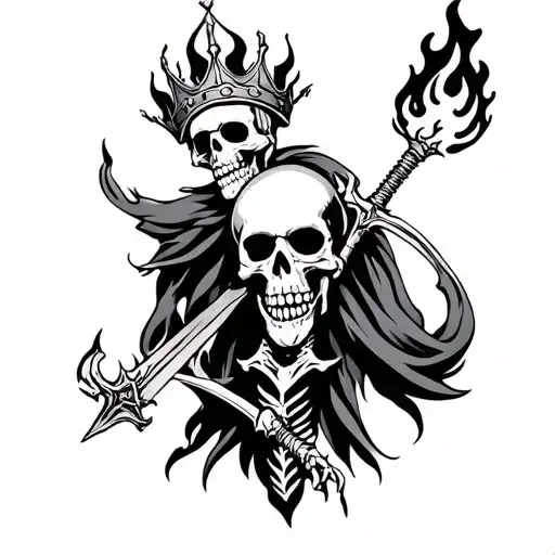 skeleton with a flame swords, has a fire ball for a head with a crown on top tattoo design idea