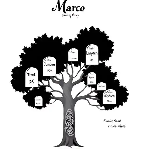 Family tree with Marco spelled out within the top branches of the tree with the names Trent, Dk, Jayden, Kaiden, Lacedri tattoo design idea