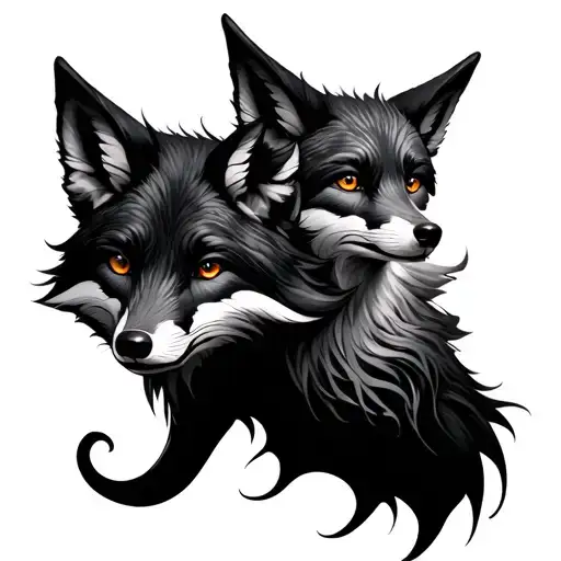 Tattoo design for full forearm:A surreal fusion of multiple fox forms (black fox, silver fox, arctic fox), interwoven i tattoo design idea