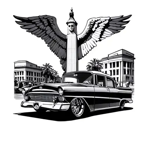 Lowrider in front of Angel de Independencia with building in the background  tattoo design idea