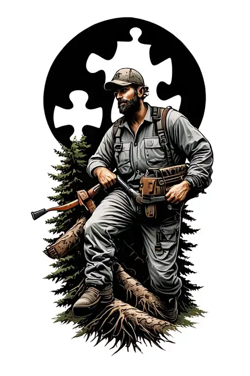 tree surgeon so something with tree, autism so something with autism puzzle piece, hunting  tattoo design idea