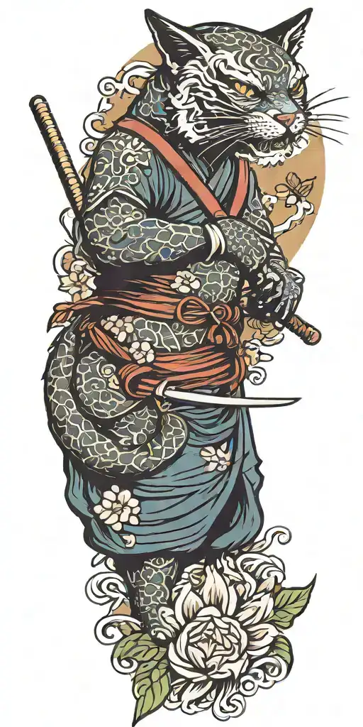 ninja cat holding katana sword, tail, water, waves, lotus, sakura, clouds, whirlpool, leaves, peony tattoo design idea