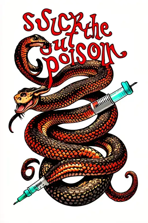 "suck out the poison" snakes and syringes. huge bold text tattoo design idea