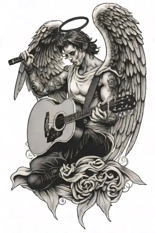 male angel hold guitar with wings spread wide tattoo design idea