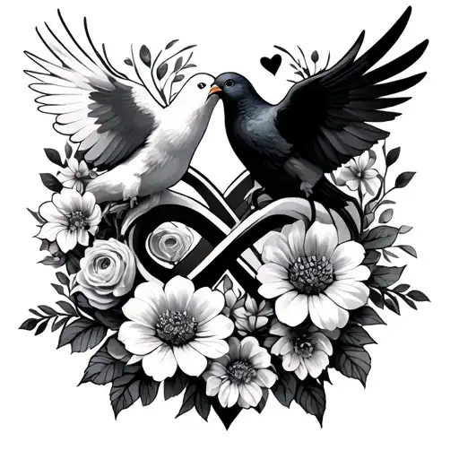 memorial infinity symbol intertwined with flowers and doves and hearts tattoo design idea