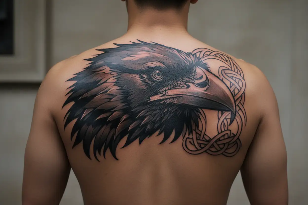 raven head decorated with a Celtic knot tattoo design idea