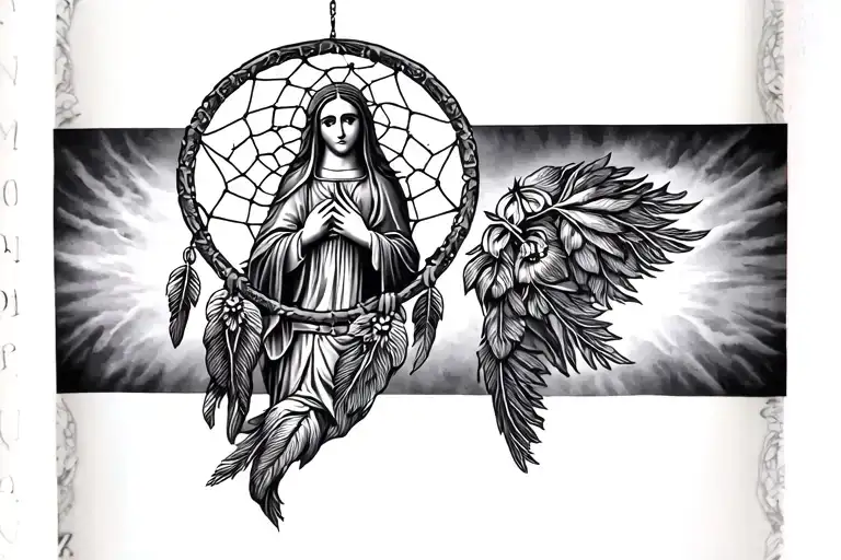 dream catcher and holy virgin mary tattoo design idea