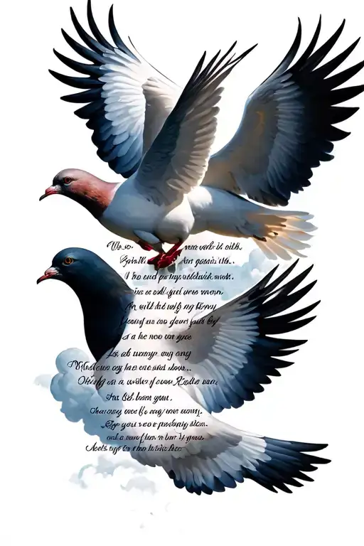 tatoo with 2 doves above a bible verse with soft clouds between words.  1 dove below verse. tattoo design idea