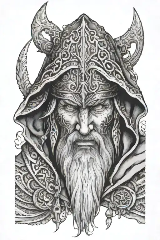 Odin wearing a hood with blue eyes tattoo design idea