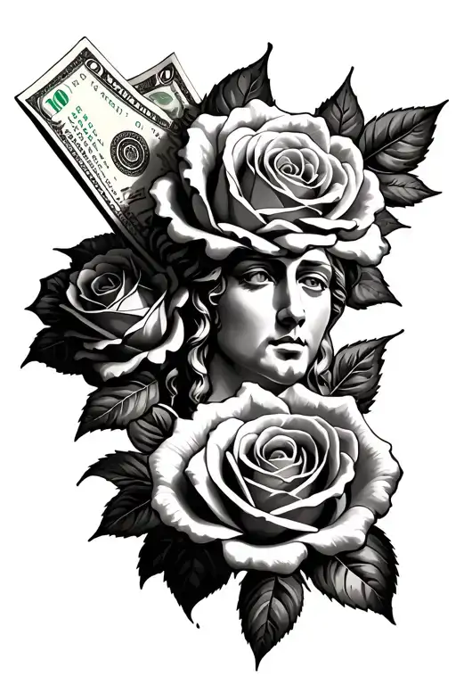 money, christ protect me while i turn my dreams to reality, roses, and cloud shading  tattoo design idea