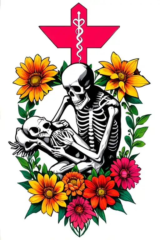 A skeleton EMT performing CPR surrounded by flowers EMT symbol tattoo design idea