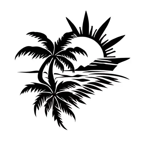 Tribal Philippines tattoo with palm tree and sun, arm sleeve tattoo design idea