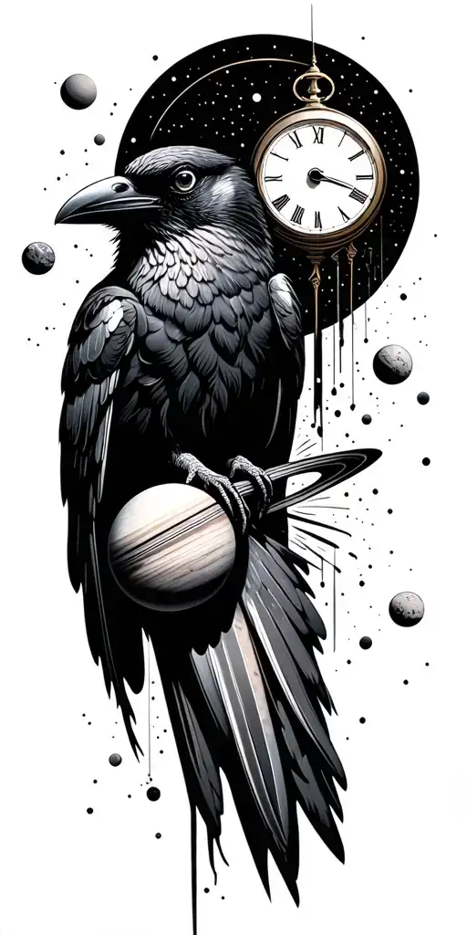 black out space background, planets, crow, time piece tattoo design idea