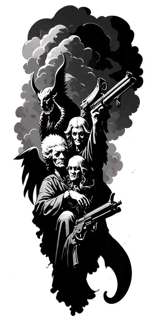 a background of clouds, a devil and an angel, old-fashioned objects, a gun, several figures in realistic form, tattoo design idea