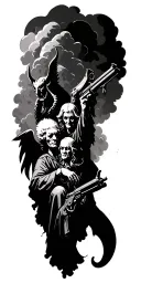 a background of clouds, a devil and an angel, old-fashioned objects, a gun, several figures in realistic form, tattoo design idea