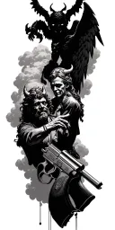 a background of clouds, a devil and an angel, old-fashioned objects, a gun, several figures in realistic form, tattoo design idea