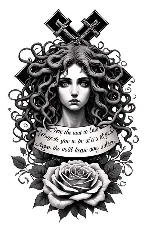 Medusa and cross and roses with quote tattoo design idea