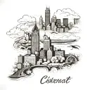 A Cincinnati ohio skyline black and white tattoo, full lower left leg wrapped around. Please put the skyline of the city tattoo design idea