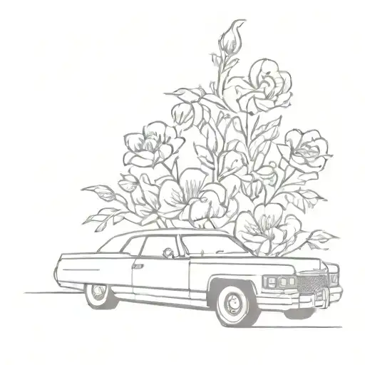 purple cadillac coupe devill with flowers surrounding tattoo design idea