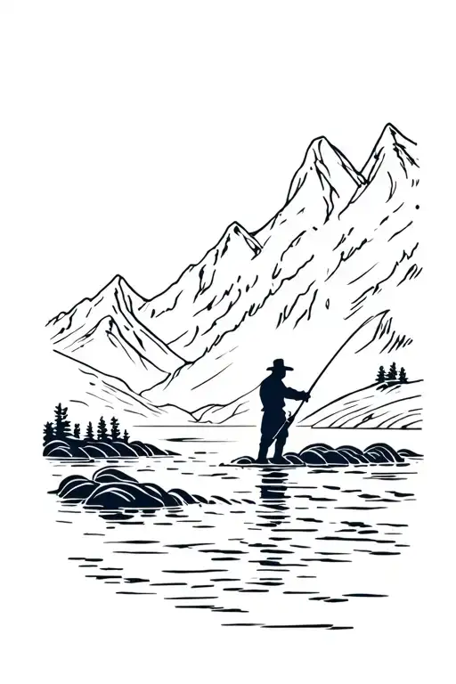 Silhouette of man fishing in a mountain stream flowing tattoo design idea