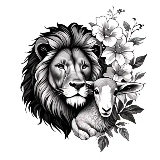 lion, lamb, flowers, cross tattoo design idea