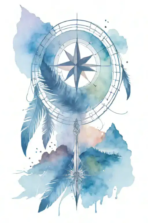 compass feather coyote mountains tattoo design idea